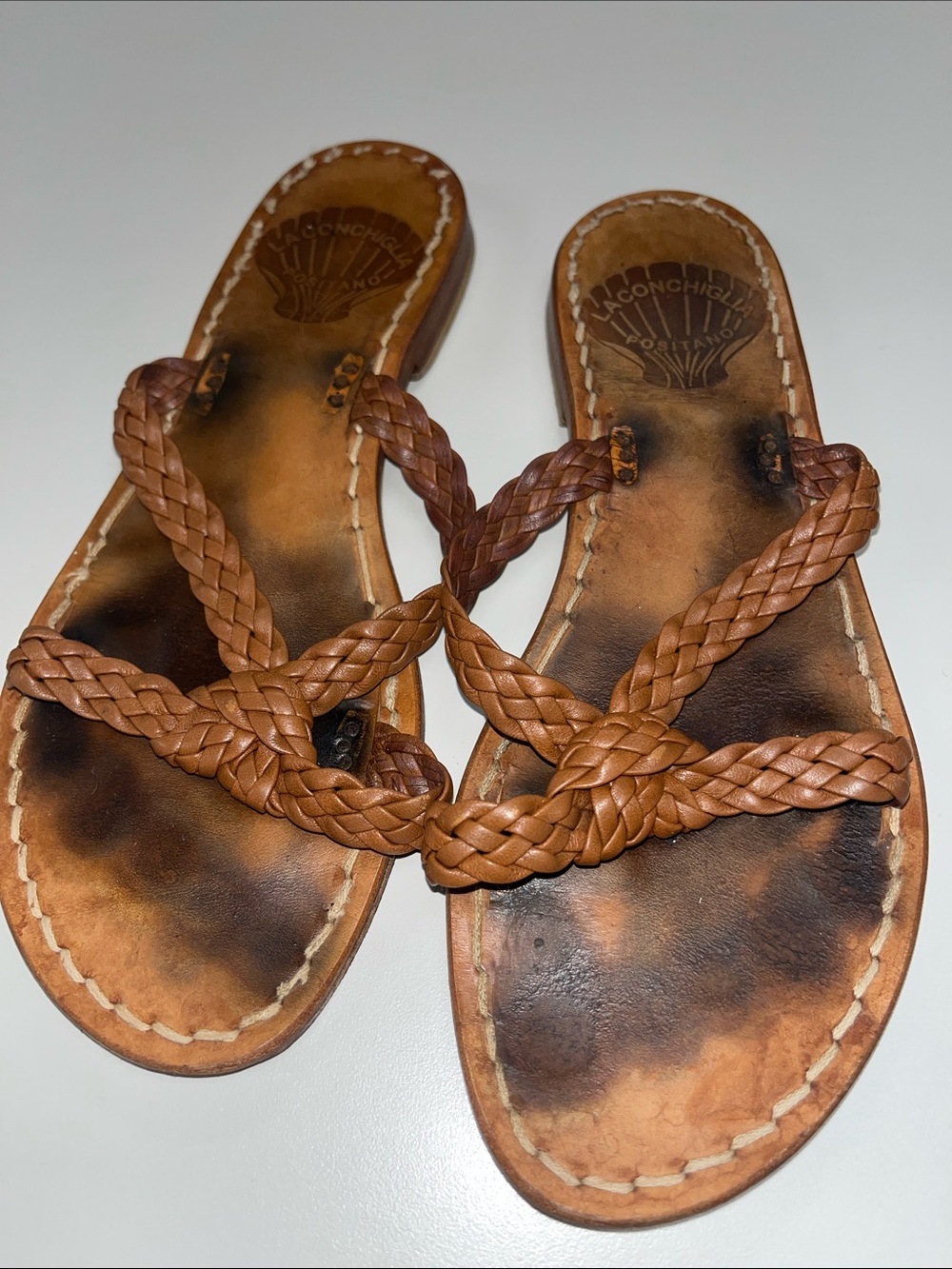 Italian Made Braided Leather Slide Sandals - Cognac Brown Size 38
